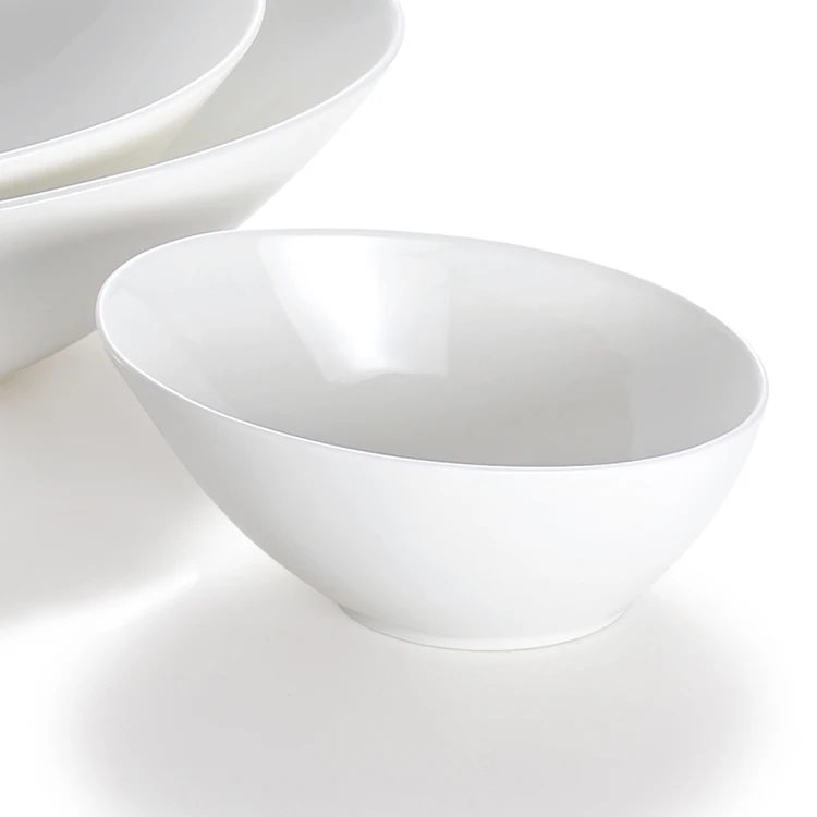 Factory Price Restaurant Serving Dishware Oval White Vegetable Salad Skew Bisque Oblique Mouth Ceramic Bowl