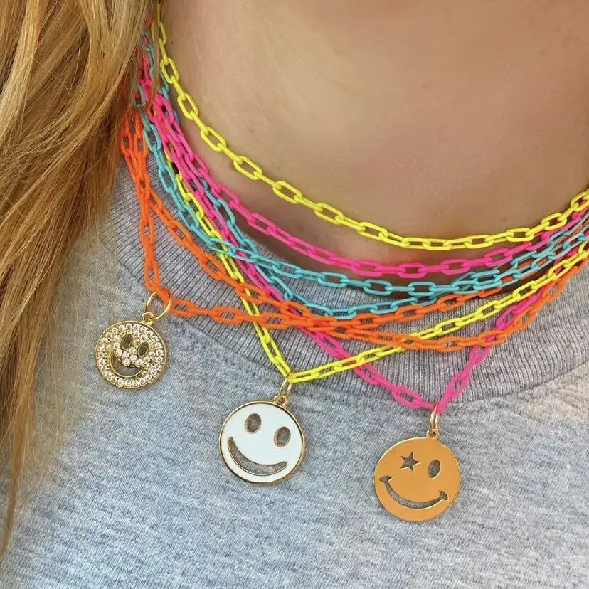 

LS-L162 Rainbow color chain necklace, fashion happy smile face pebdant cz necklace for summer