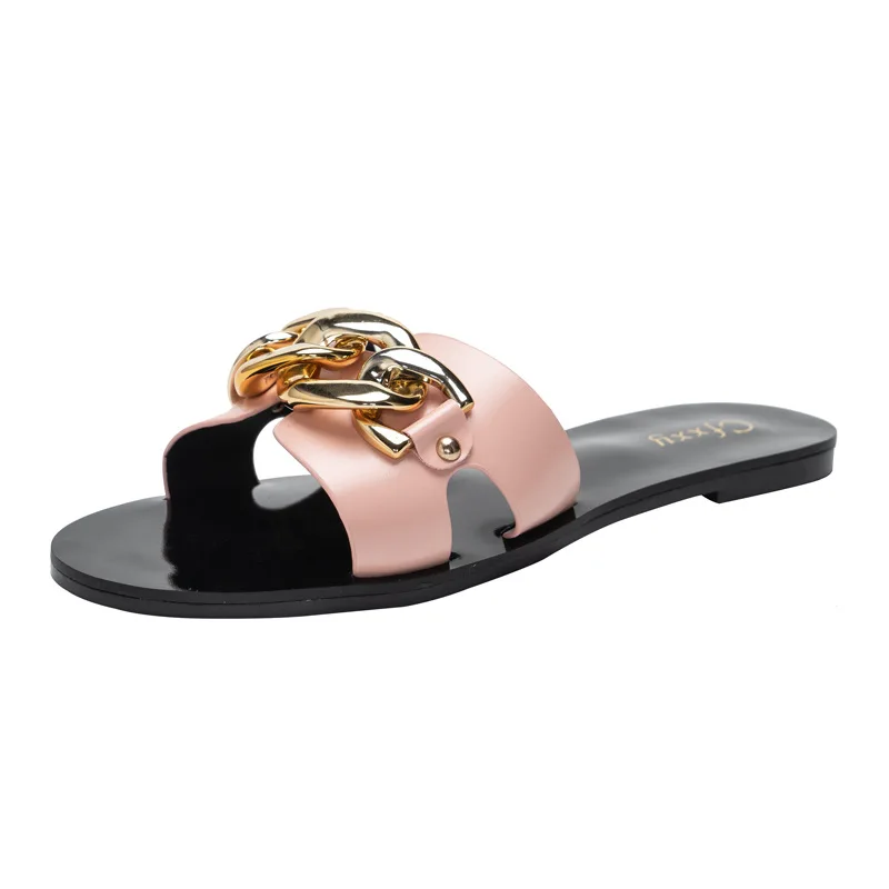 

2021 Fashion styles Chained women slippers popular design soft PU slippers for women Summer slippers Comfy women sandals, Picture