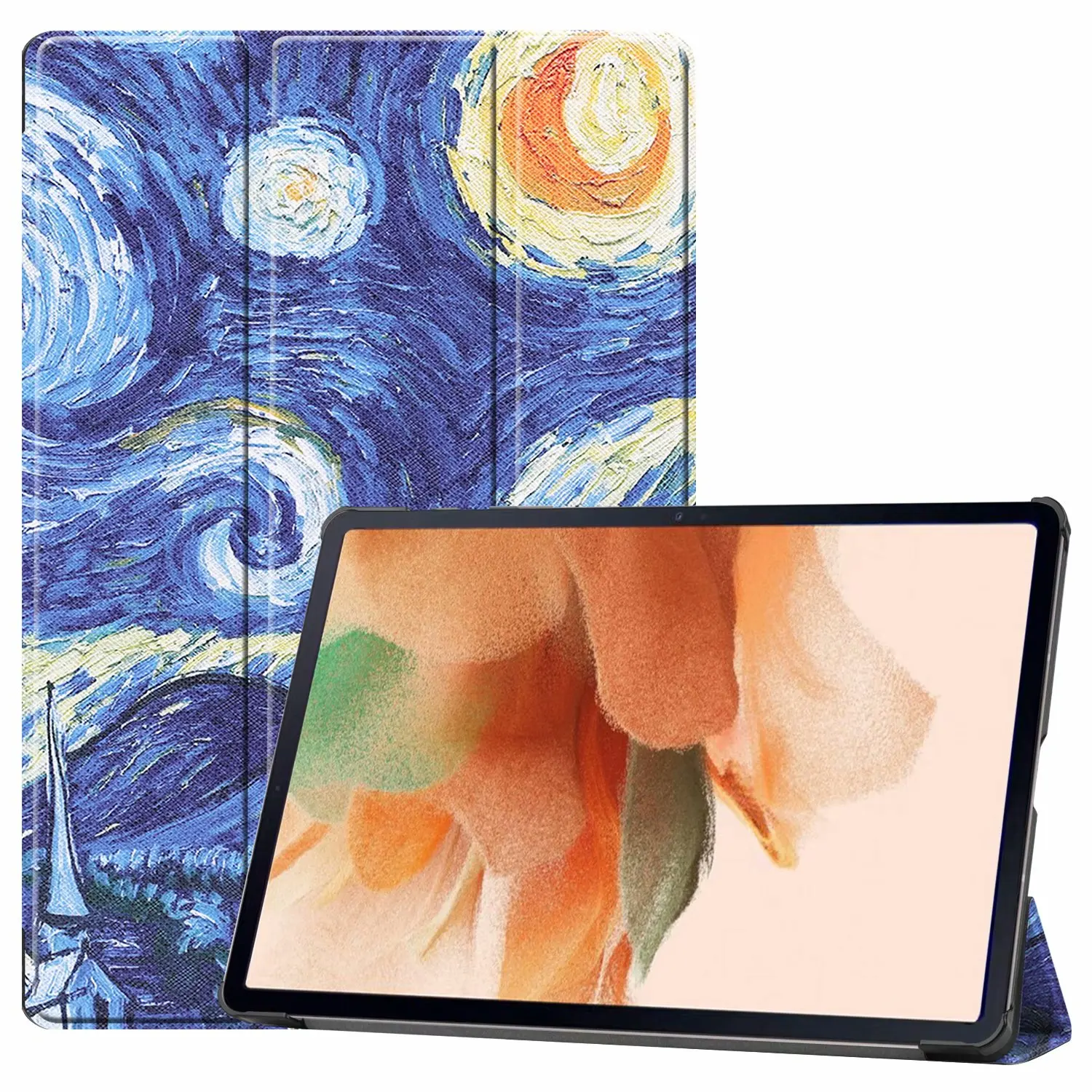 

colour printing tri-fold stand PU Leather Case For Samsung Galaxy Tab S7 FE T736/S7 Lite T730 12.4 inch 2021, As pictures