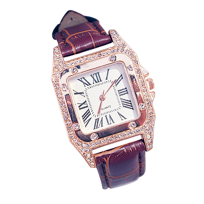 

Casual Student Electronic Watch Classic High Quality Pu Strap Diamond Roman Square Ladies Watch