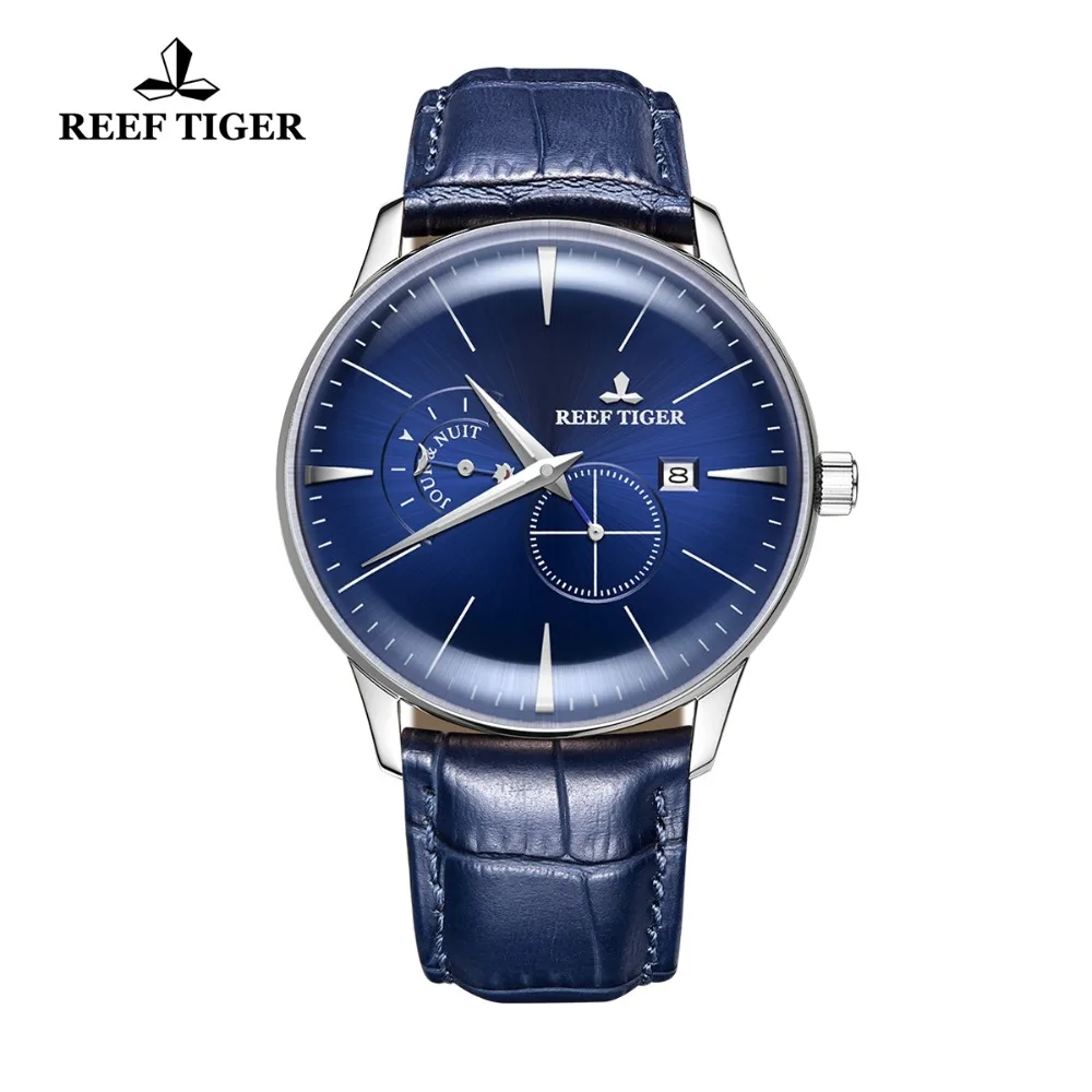 

Reef Tiger Designer Casual Watch Men Blue Dial Waterproof Analog Watch Genuine Leather Strap Automatic Watch RGA8219