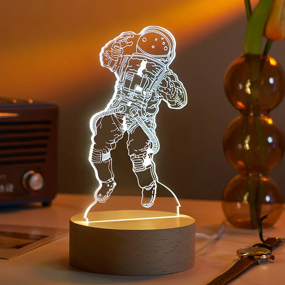 

Modern room decoration USB beech wood round base acrylic 3D spaceman night light