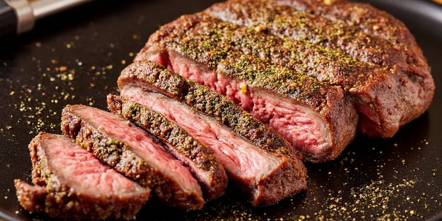 A beautifully seasoned steak before cooking