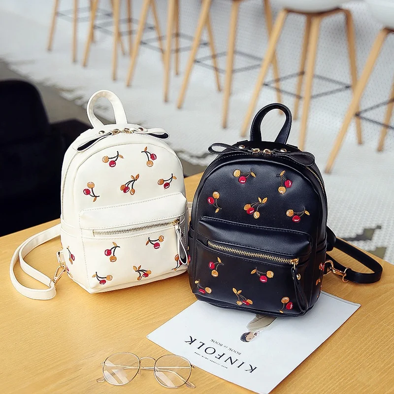 

New Casual Versatile Fashion Trend Pu Leather Cherry Embroidery Women Small Shoulders Student Backpack, Customized