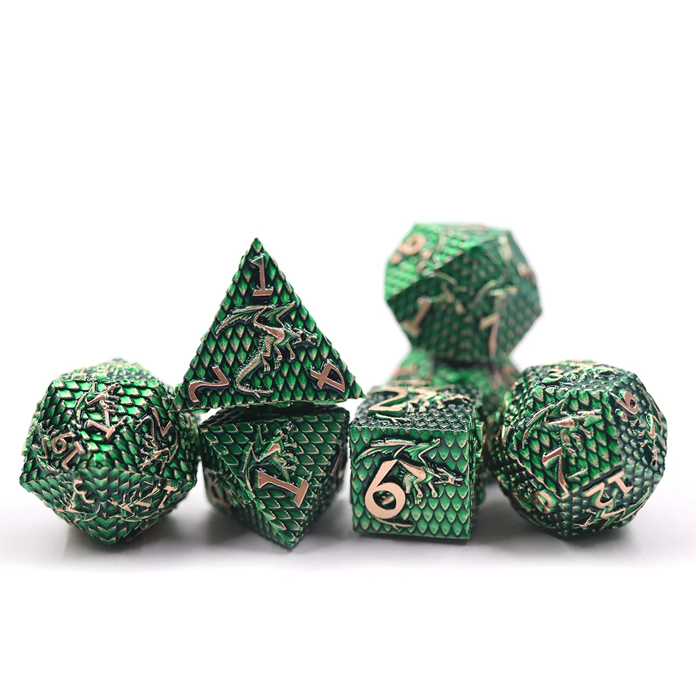 

Custom metal drgonscale dice set Green metal dice fantasy DND polyhedral dice