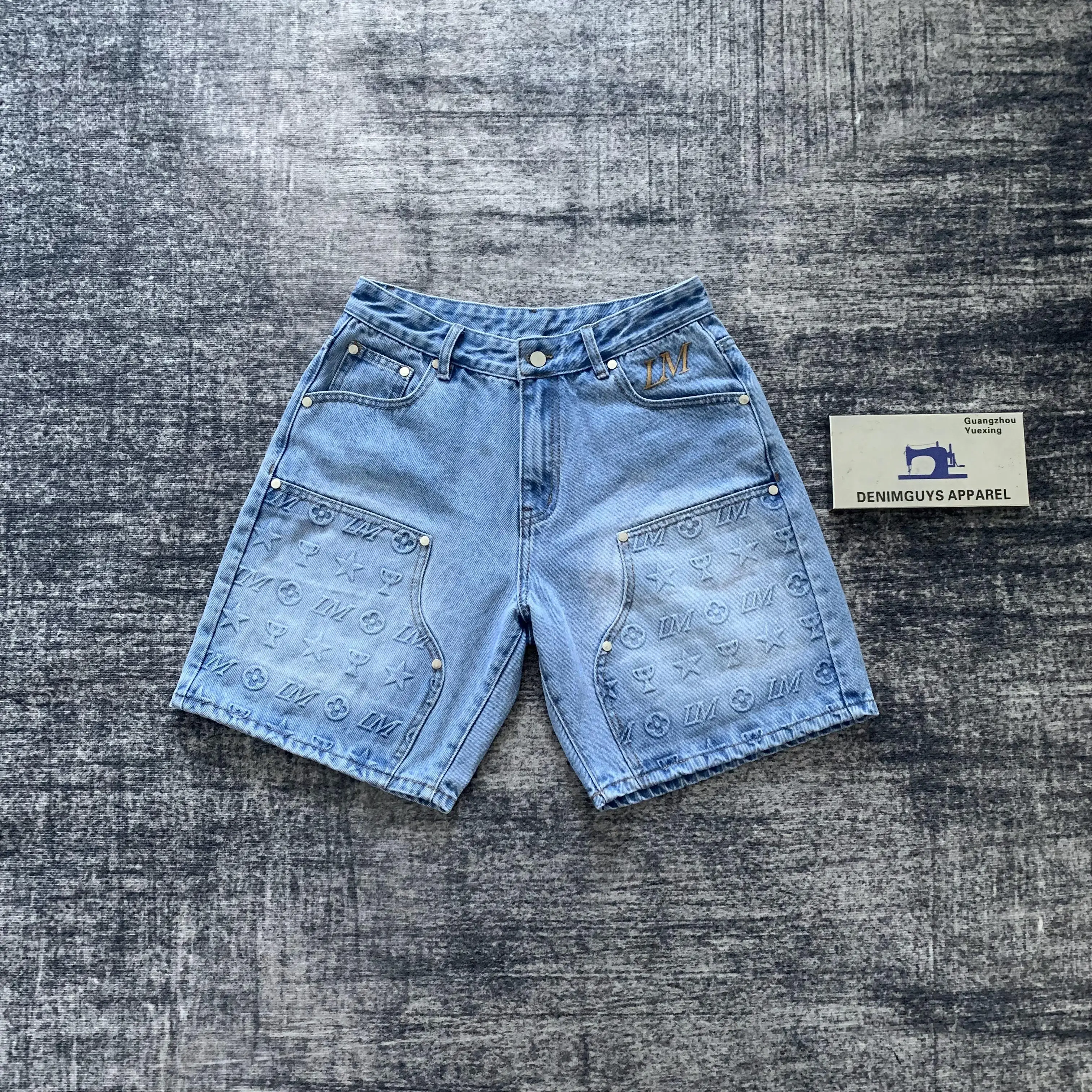 DENIMGUYS Custom Men's Streetwear Emboss Carpenter Denim Shorts Fashion Vintage Baggy Acid Wash Cargo Jorts for Men