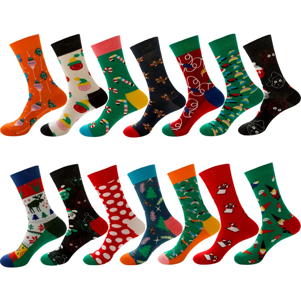 

New autumn 2021 cotton socks for men Christmas style Elk candy tiled personality stockings for women couples in tube socks