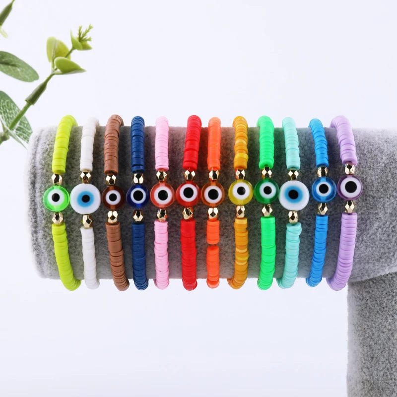 

Handmade Rainbow Polymer Clay Bracelet Adjustable Friendship Evil Eye Bracelets Heishi Disc Beads Jewelry