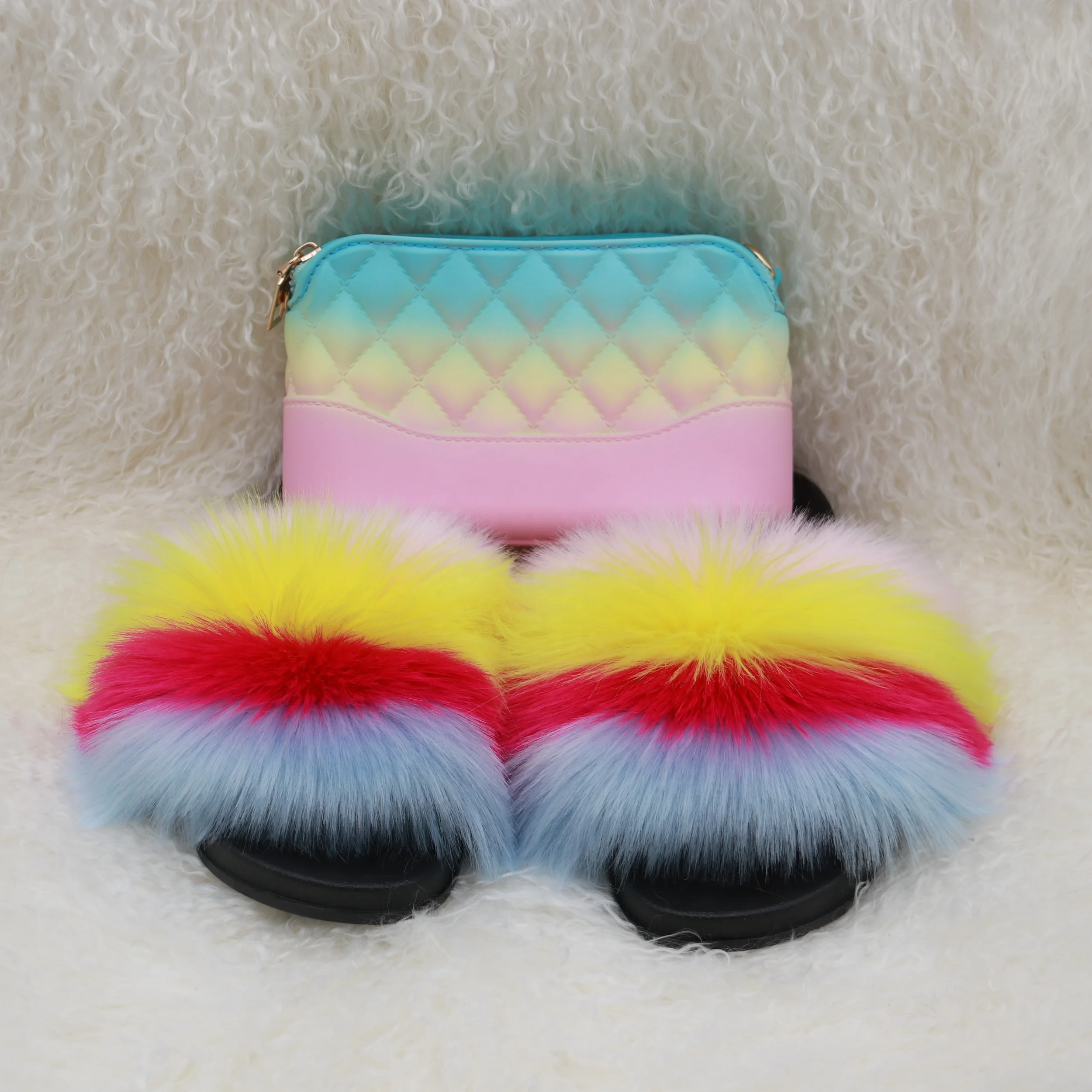 

curlyfur wholesale vendor fluffy sandals PVC double zipper mini jelly purse with slides