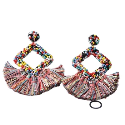 

Bohemia Style Summer Beach Multi Color Handmade Rice Bead Tassel Earrings Fan Shape Fringe Seed Bead Stud Earring