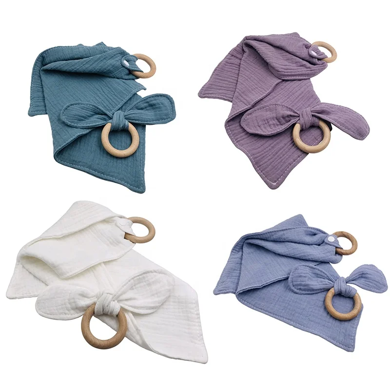 

2021 Baby Bib Cotton Saliva Towel Baby Supplies With Wooden Ring Saliva Towel Newborn Bib, 7 colors