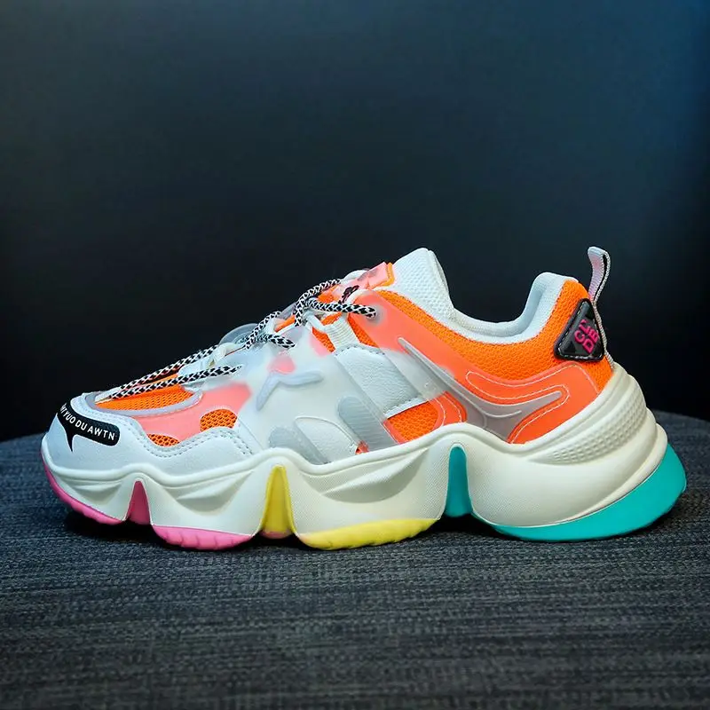 

Rainbow Chunky Sneakers Women Round Toe Lace-up Mixed Colors Platform Lady Casual Shoes, Orange,grey,blue