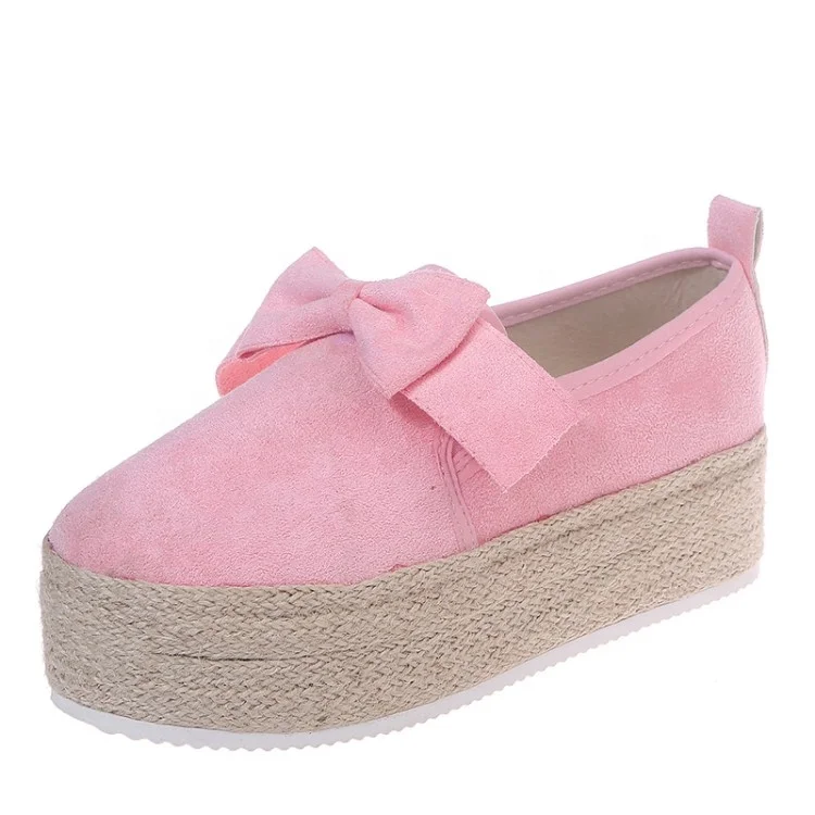 

High Straw Braiding Platform Women Flat Suede Shoes Bowknot Round toe Slip on Loafers Shoes, Yellow white pink gold