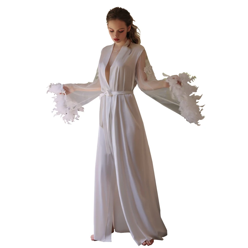 

High quality hot sales Imitation silk mesh white color night long pajamas and robes for women, Existing or as customer's require