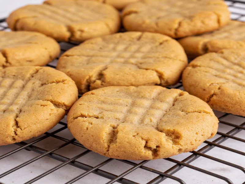 Golden brown peanut butter cookies cooling on wire rack