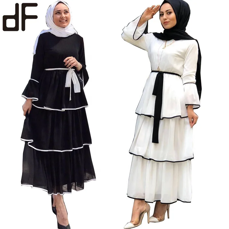 

high quality islamic layered cake style dresses long sleeve maxi muslim evening dress party wear black silk abaya maxi dress, Black,white