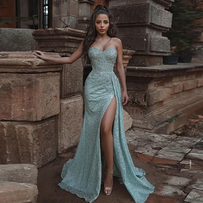

Sexy Sparkling Fabric Mermaid Evening Dress Strapless Party Side Slit Sleeveless Lace Beading Floor Length Women Prom Dresses, As picture
