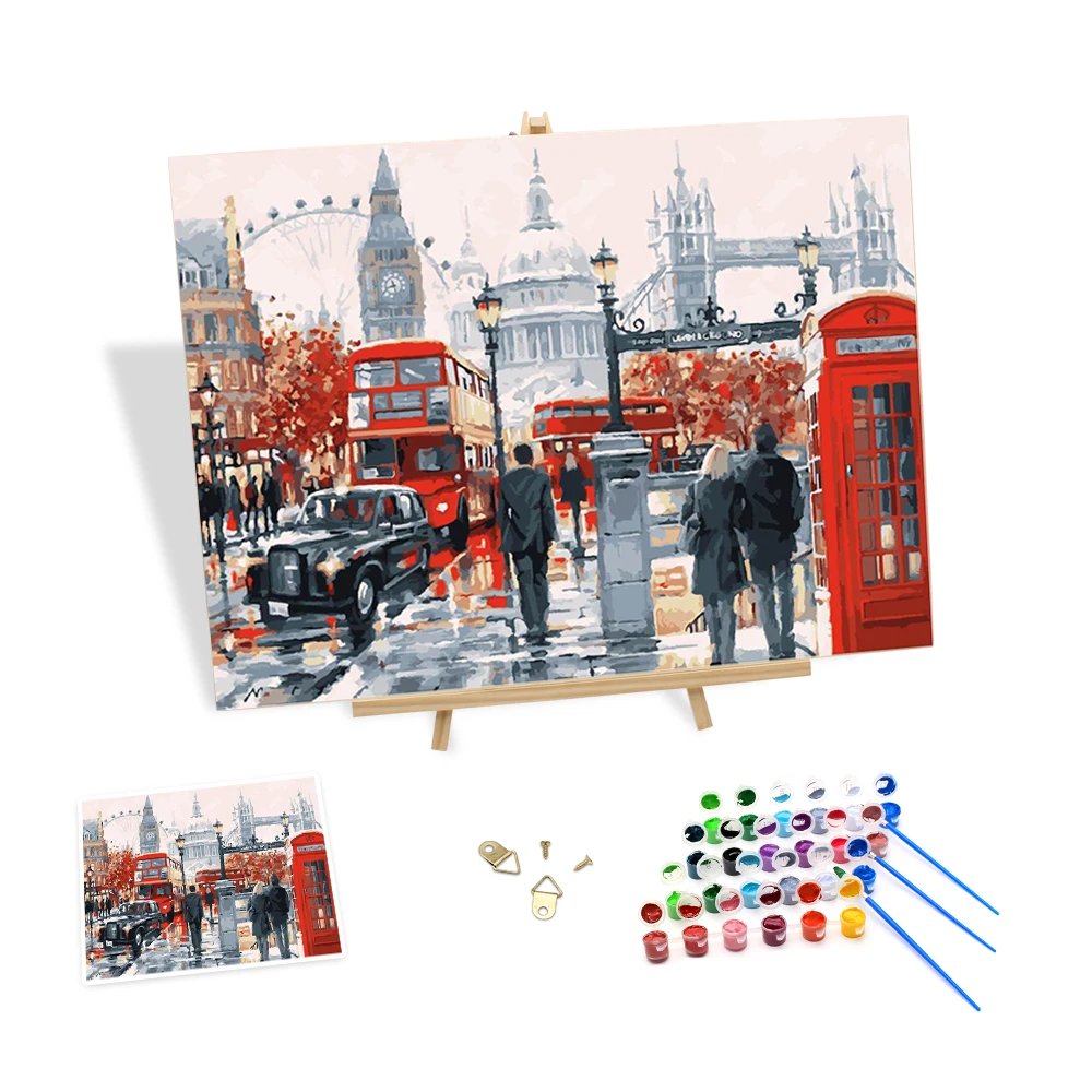 

Paint by Numbers with Frame London Street Scenery Diy Canvas Oil Painting Handmade Kits for Adults Art Gifts