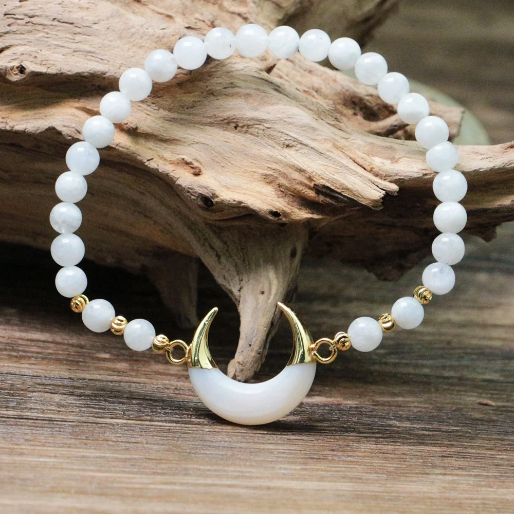 

LS-A395 high quality natural selenite bead bracelet with horn shaped abalone shell charm bracelet for women hot selling, White