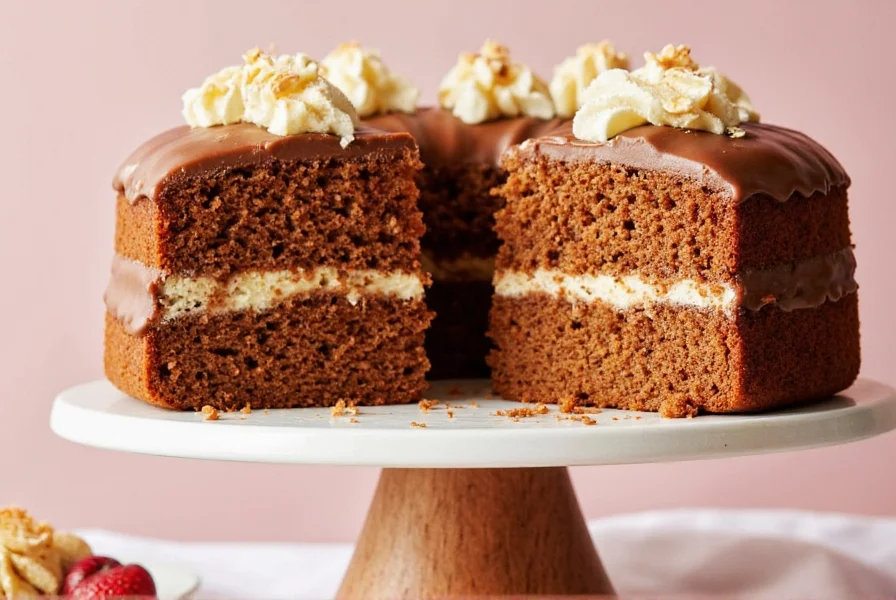 Ginger cake on a wooden tray with powdered sugar dusting