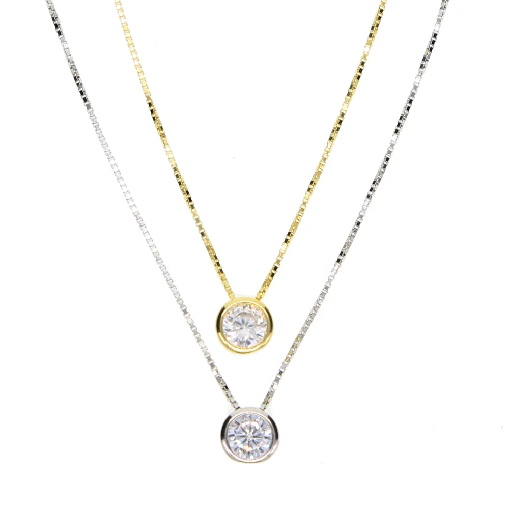 

dainty box chain 925 sterling silver gold rhodium plated single stone bezel cz silver necklace