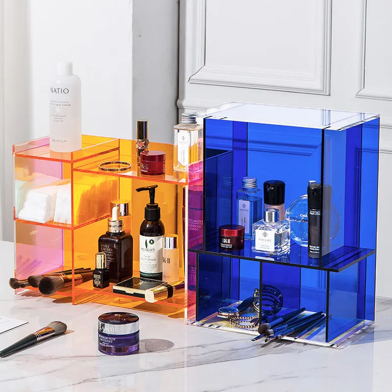 

INS colorful acrylic storage box dressing table cosmetics skin care desktop perfume mouth red cup rack, Brown/ transparent