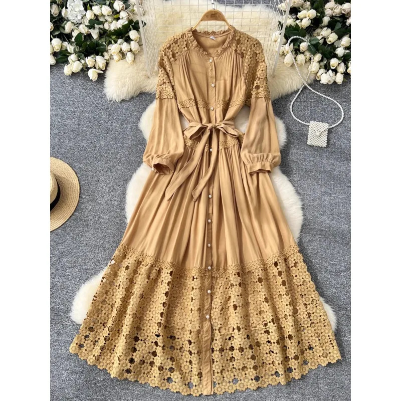 Boutique Wholesale 2026 Autumn New Fashionable Retro Hollow Hook Flower Lace Splicing Tie Waist Women's Dress