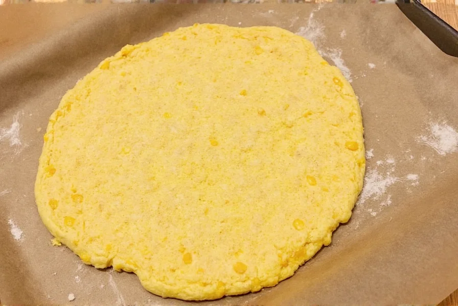 Baker mixing pizza dough with corn meal