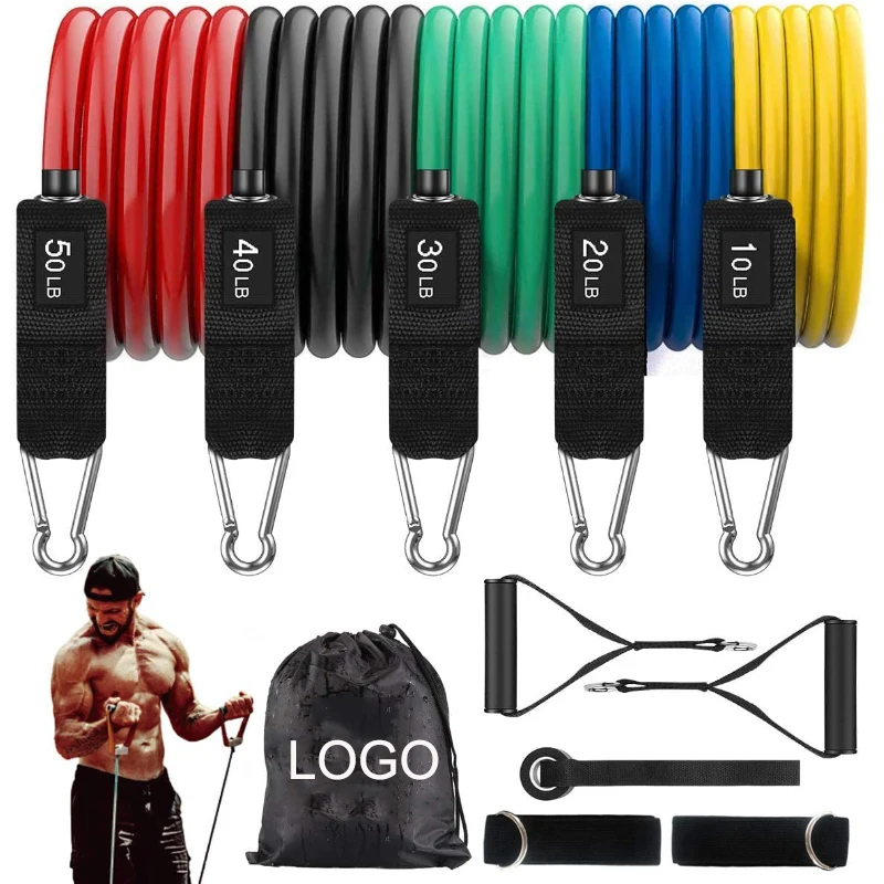 

Sports Gym Equipment Home Fitness Exercise Adjustable Resistance Tubes Set 11 Pc Elastic Latex Resistance Bands, Multi colors