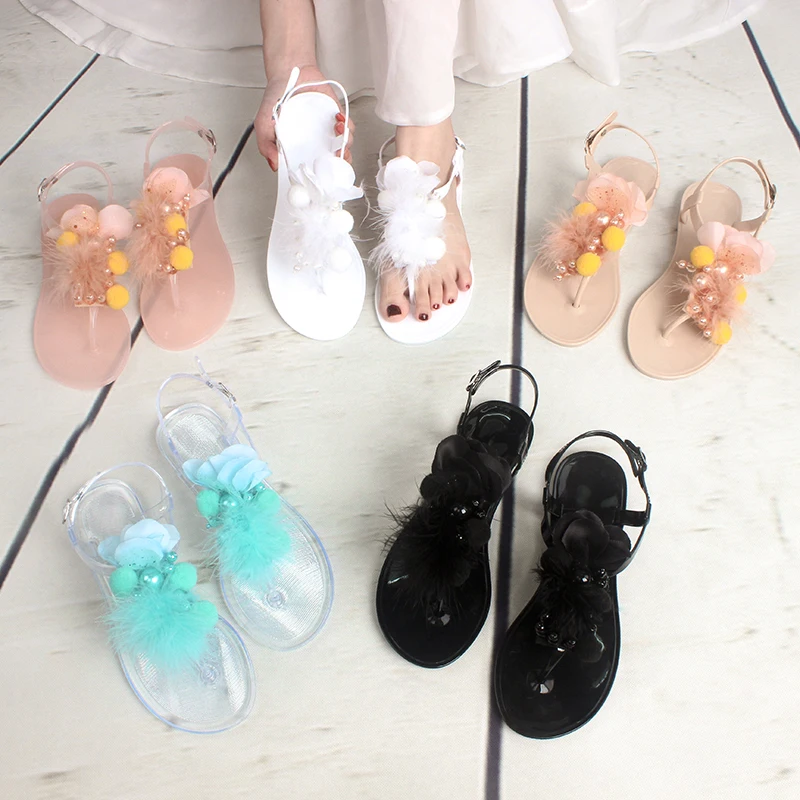 

Handmade Flower Summer Jelly PVC Flip Flop Shoes Beach Women Flat Sandals, Picture color