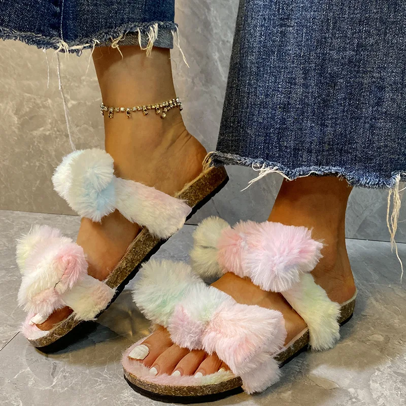 

Winter Wool fur sandals girls new fashion design sheepskin indoor slides autumn fur shoes platform fur slippers, Rainbow, pink leopard, blue leopard, yellow leopard