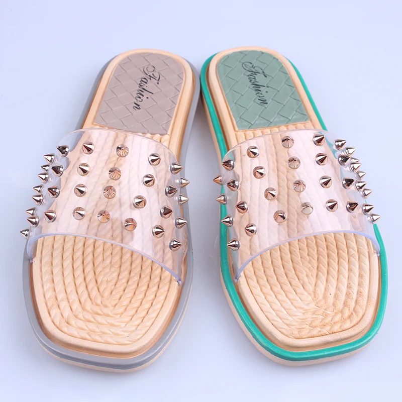 

Factory custom luxury transparent rivet fashion ladies flat slippers