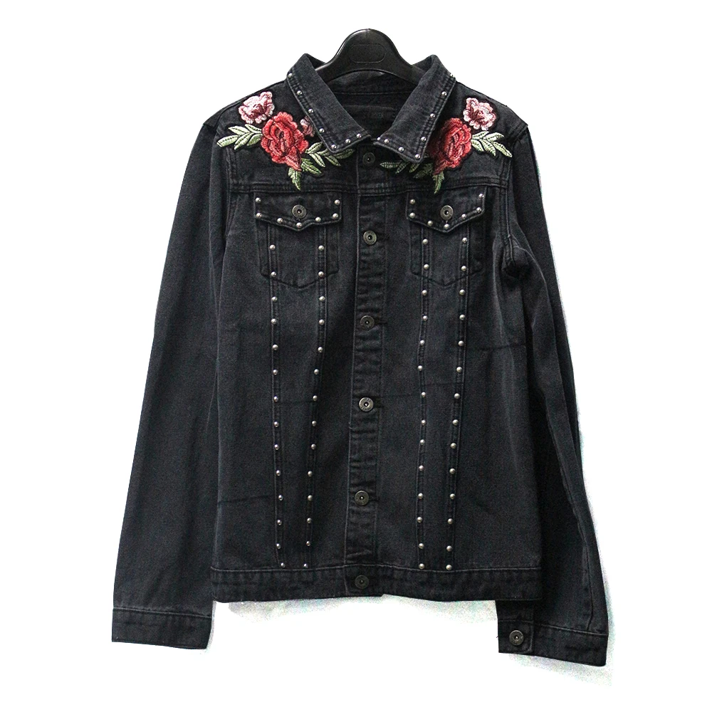 

Women fashion dress embroidery rivet design black jeans jacket for woman