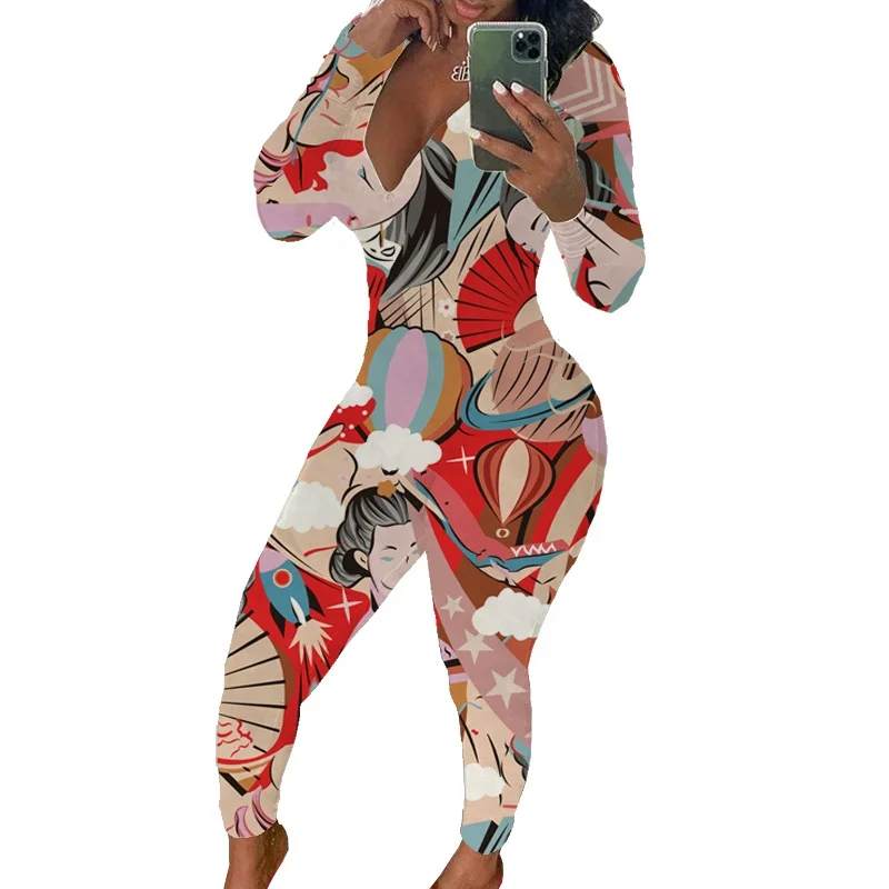 

OEM Custom Design Cute Pattern Printed V-Neck Long Sleeve Romper Women, Customized color
