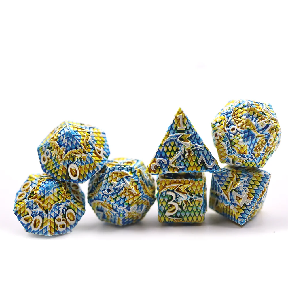 

Newest board game rpg dnd yellow&blue dragon scale dice metal dice set