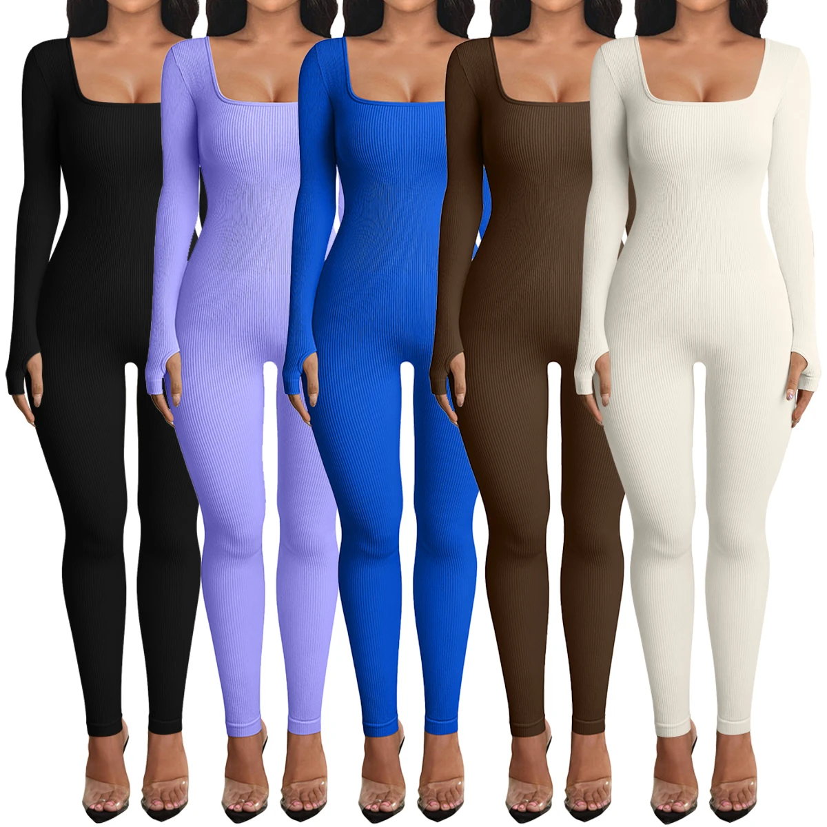 

Hot Selling Square Shaped Neck Fitness Yoga Wear Long Sleeved Workout Set Legging Jumpsuit