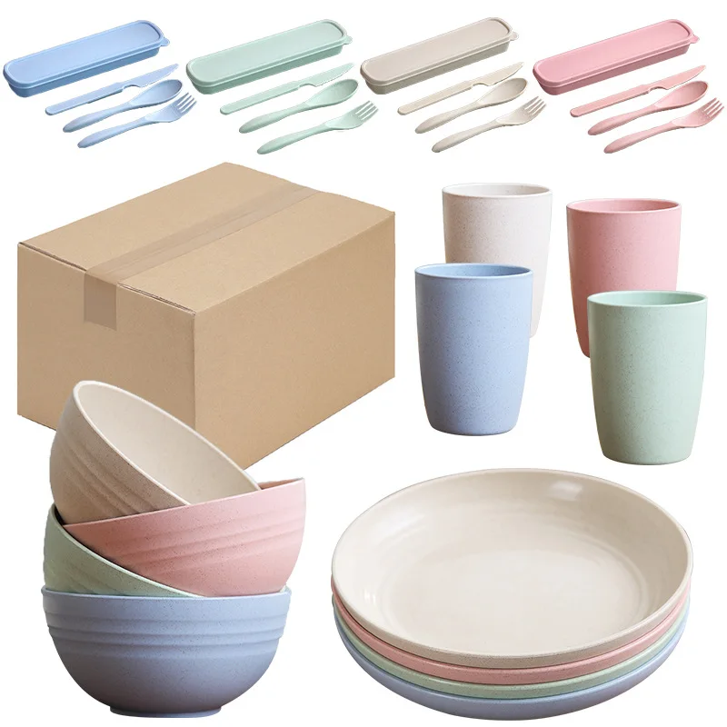 

4 Dinner Set Unbreakable Food Grade Plastic Dishwasher 24 pcs Dinnerware Wheat Straw High Quality Eco-friendly Tableware, Cream, green, pink, purple