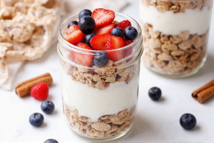 Loaded Cinnamon Toast Crunch parfait in mason jar with layers of cereal, yogurt, and fresh berries
