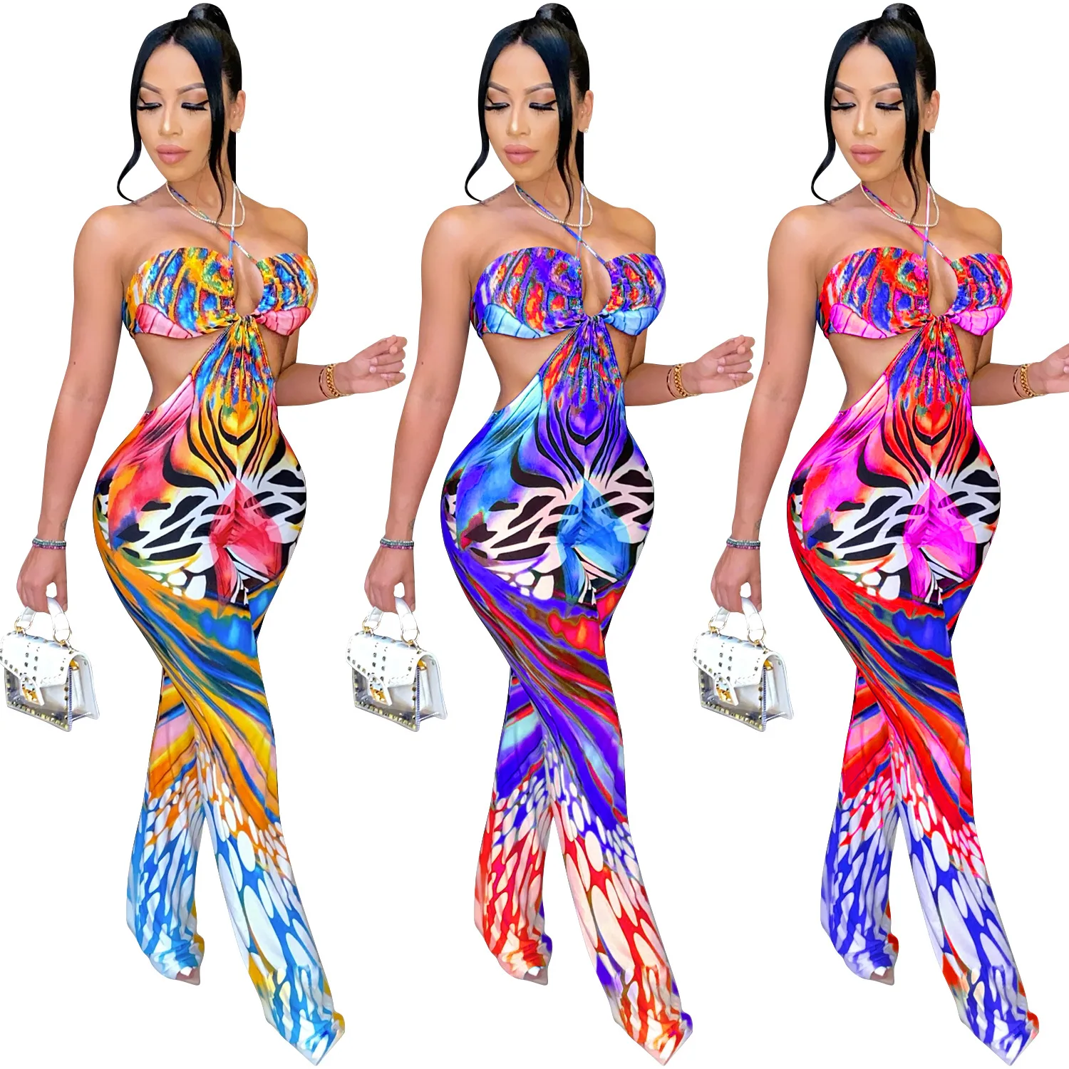 

Summer 2021 Spaghetti Strap Colorful Printing Tie Dye Backless One Piece Women Jumpsuit