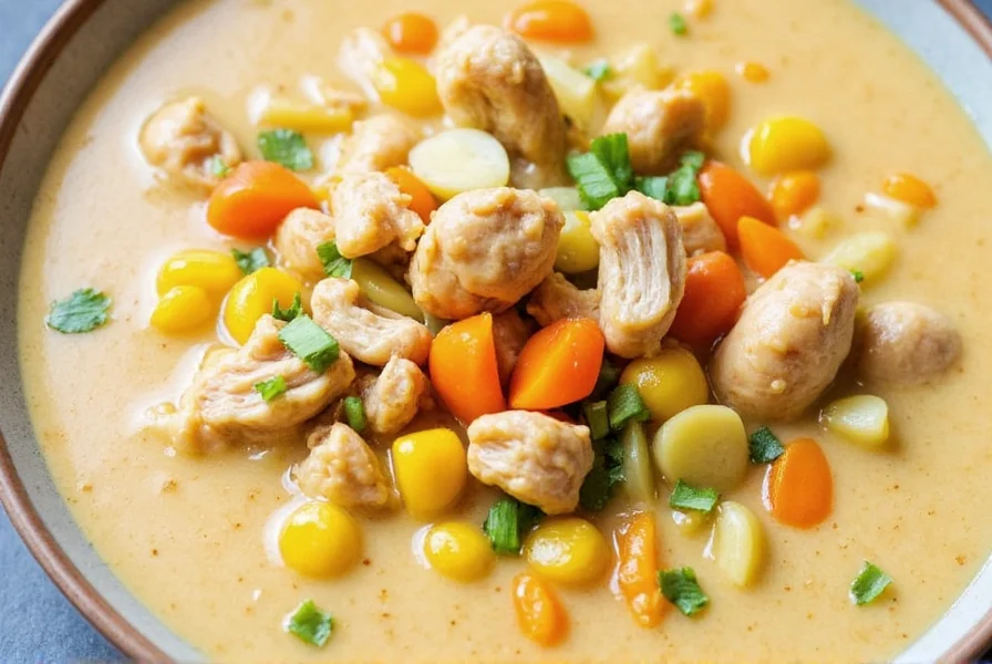 Steaming hot bowl of homemade chicken soup served with fresh herbs
