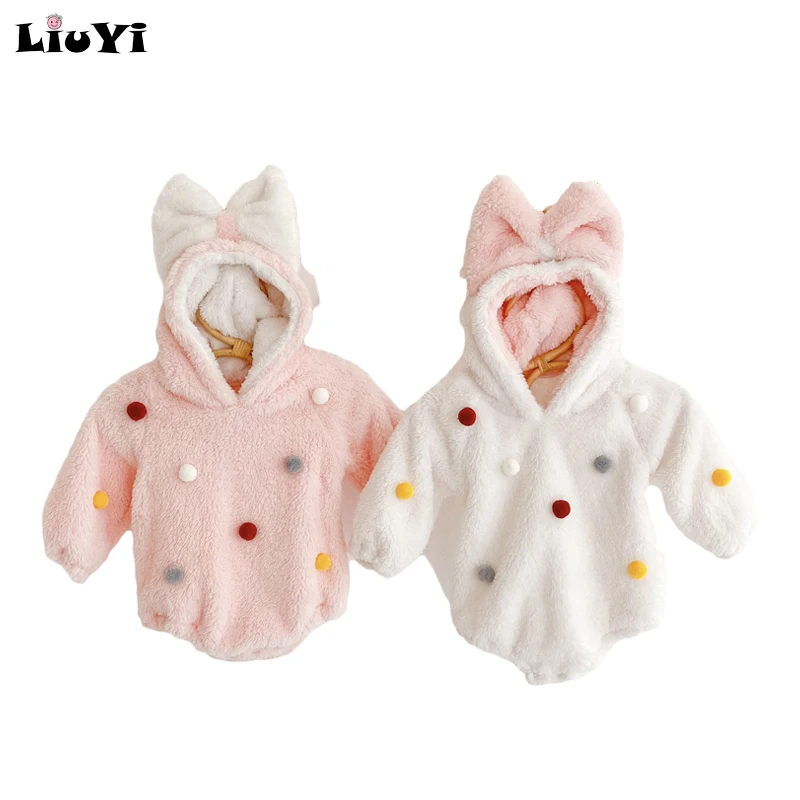 

Winter 2021 newborn thickened baby clothes for boys and girls baby plush ball type warm baby romper jumpsuit, Picture