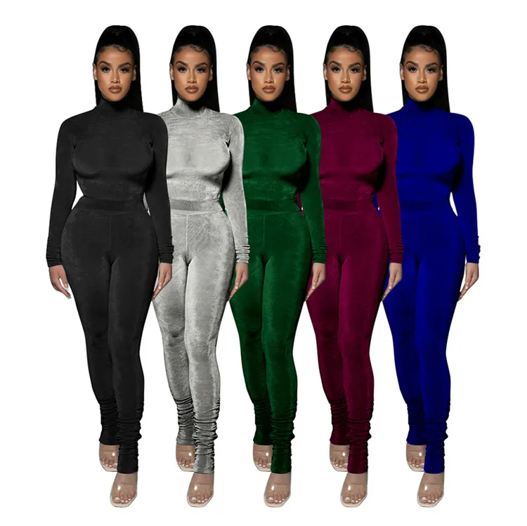 

EB-20220505 2022 Trendy Ladies Velvet 2 Piece Outfits Skinny Stacked Pants Fall Women Clothes Two Piece Sets, Picture shown