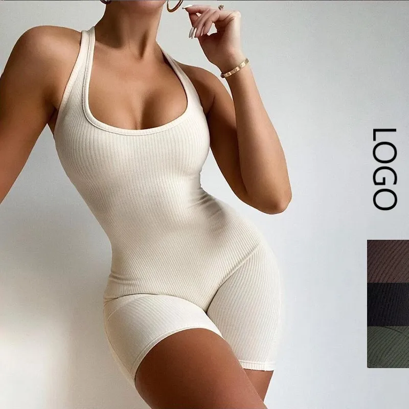 

OEM custom logo halter solid color onepiece jumpsuit for women sexy short romper hollowed out ribb fashion spande jumpsuit 2021