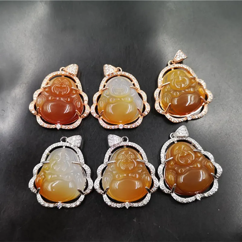 

925 Silver Plating Natural Jade Gradient Buddha Pendant Large Agate Buddha Pendant Necklace