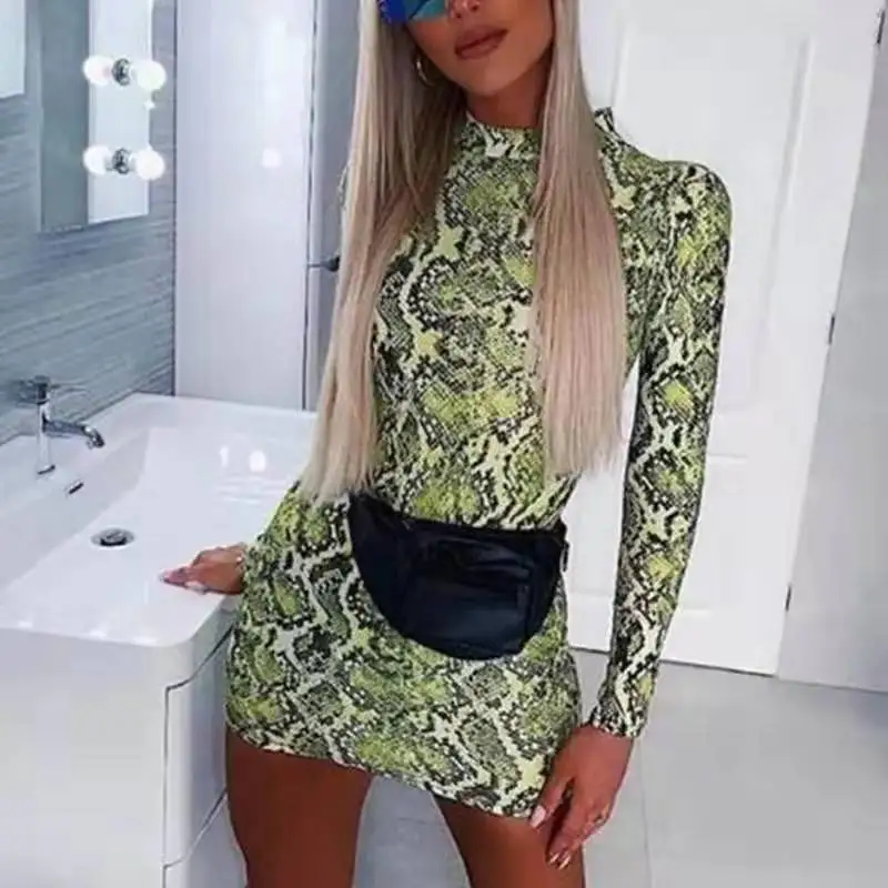 Neon Snake Print Bodycon Mini Dress Women Long Sleeve 2020 Spring Autumn Fashion Dresses Party Clubwear Sexy Hot Female Dress