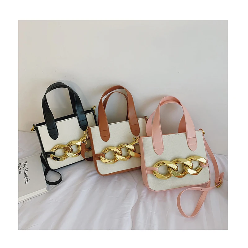 

New Thick Gold Chain Designer Small Brand PU Leather Crossbody Bags Women Short Handle 2021 Totes Shoulder Pruses and Handbags