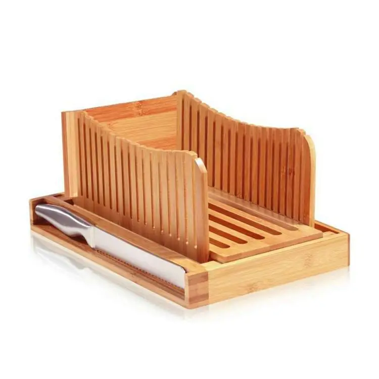 

Bamboo Bread Slicer with Crumb Tray Foldable Bread Cutting Guide Foldable compact bread slicer