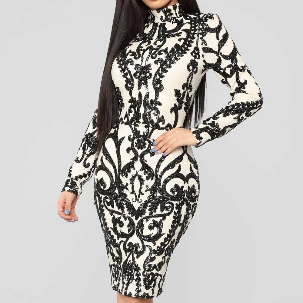 2019 Casual Dresses womens clothes Stand Collar Sequins Elegant Prom bodycon paty plus size dress ropa mujer vestidos Wholesale