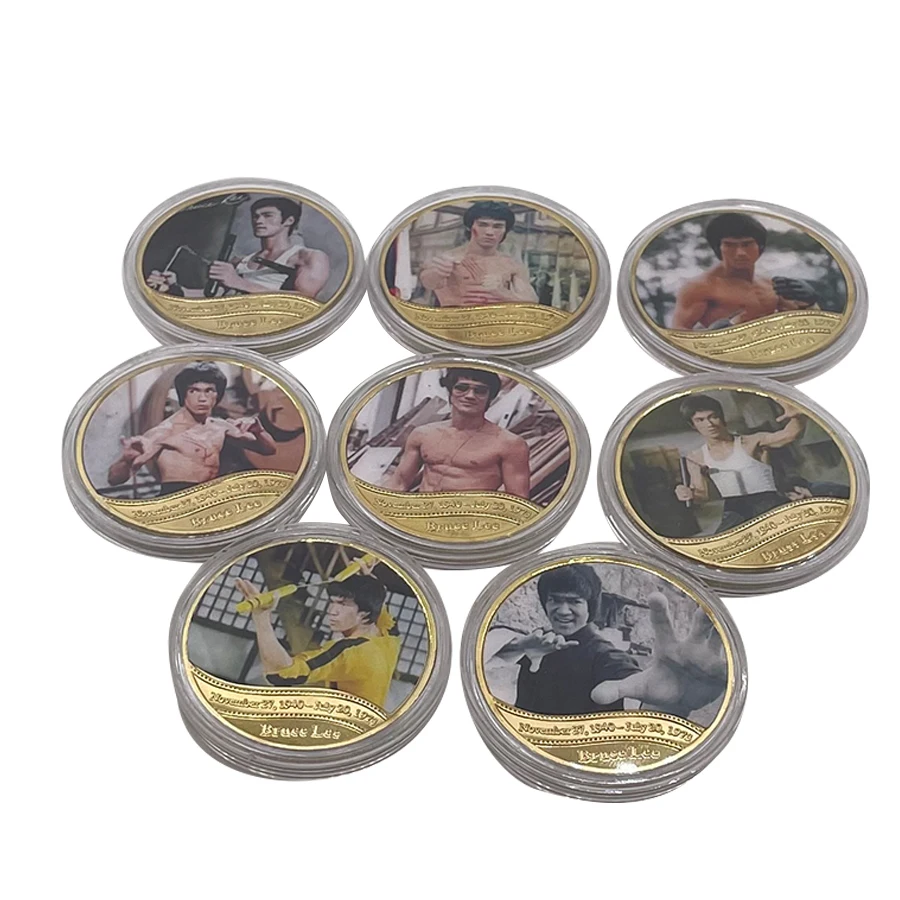 

8types Famous person Chinese Kungfu Star Bruce Lee Gold Commemorative Coins Challenge Coin Collection Souvenir Coin